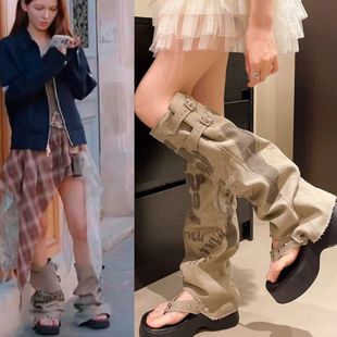 巴黎合伙人张予曦同款高帮人字拖小众皮带扣涂鸦帆布鞋女堆堆短靴