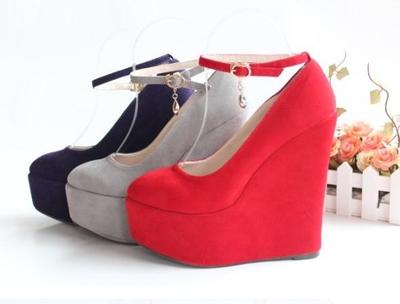 大码绒面坡跟超高15cm红色女鞋