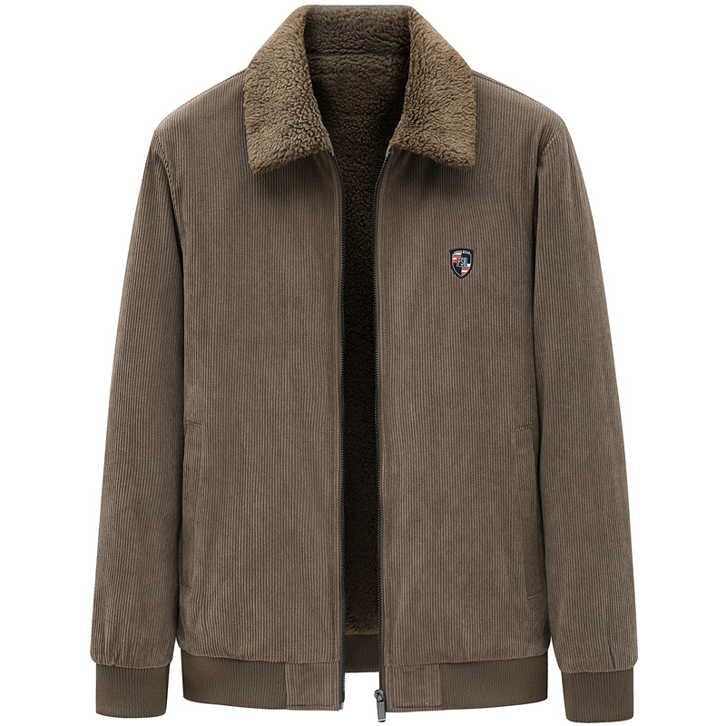 灯芯绒夹克男春秋季翻领加绒保暖爸爸冬款羊羔绒棉衣高端男士外套