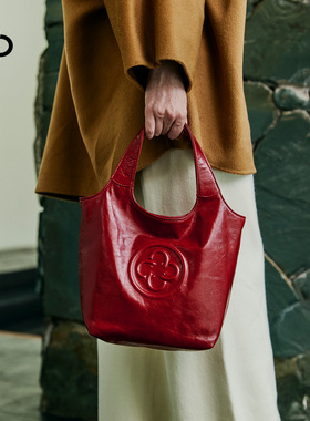 卡思乐红色新娘婚包植鞣牛皮MINI马甲手提包复古樱桃红色小托特包