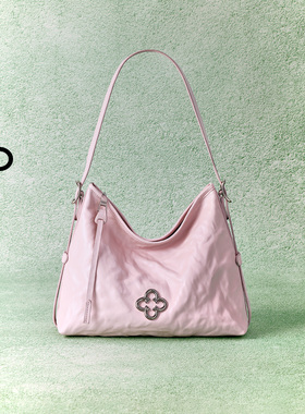 【明星同款】卡思乐松涛HOBO单肩包粉色植鞣褶皱牛皮腋下托特包