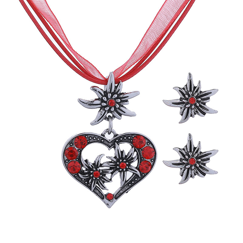 复古民族风爱心花朵项链耳环套装女合金水钻锁骨链波西米亚风饰品