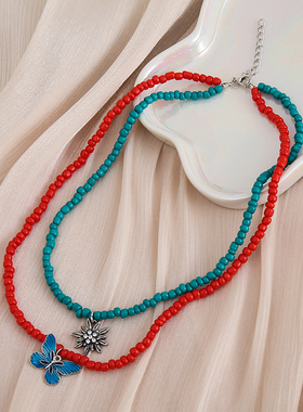 国风双色串珠锁骨链蝴蝶吊坠