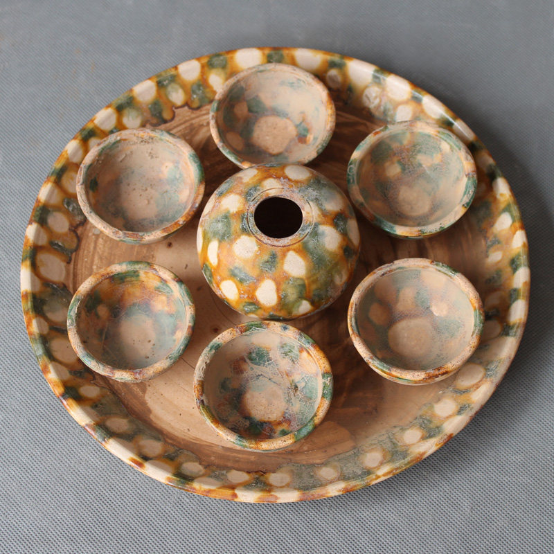 仿古唐三彩彩绘茶盘碟七星盘老货古玩古典中式摆件收藏手工古瓷器