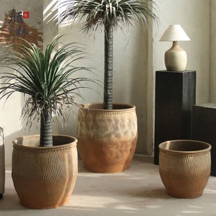 复古中式土陶缸养鱼陶缸手工土陶瓦缸庭院造景装饰荷花缸粗陶透气