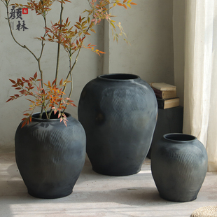 复古黑色陶罐土罐侘寂风民宿装饰翁缸大肚粗陶罐禅意翁罐落地花盆