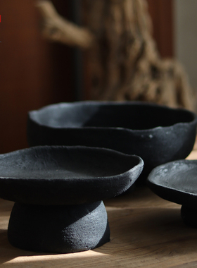 日式素朴哑光黑水泥收纳盘装饰