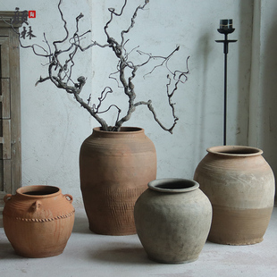 清仓特价中古粗陶花盆大肚花瓶土陶花器民宿景观陶罐复古禅意摆件