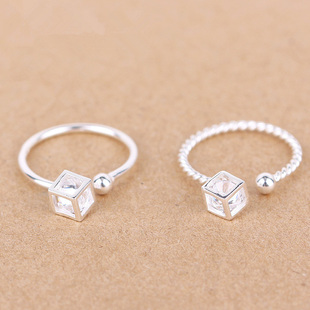 925纯银饰品 韩版新款首饰 女款手饰 麻花光面方块带钻戒指