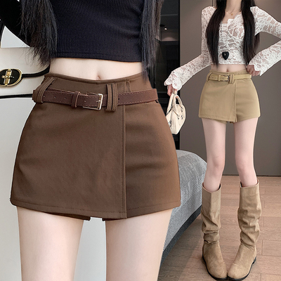 美式覆古卡其色短裤裙女