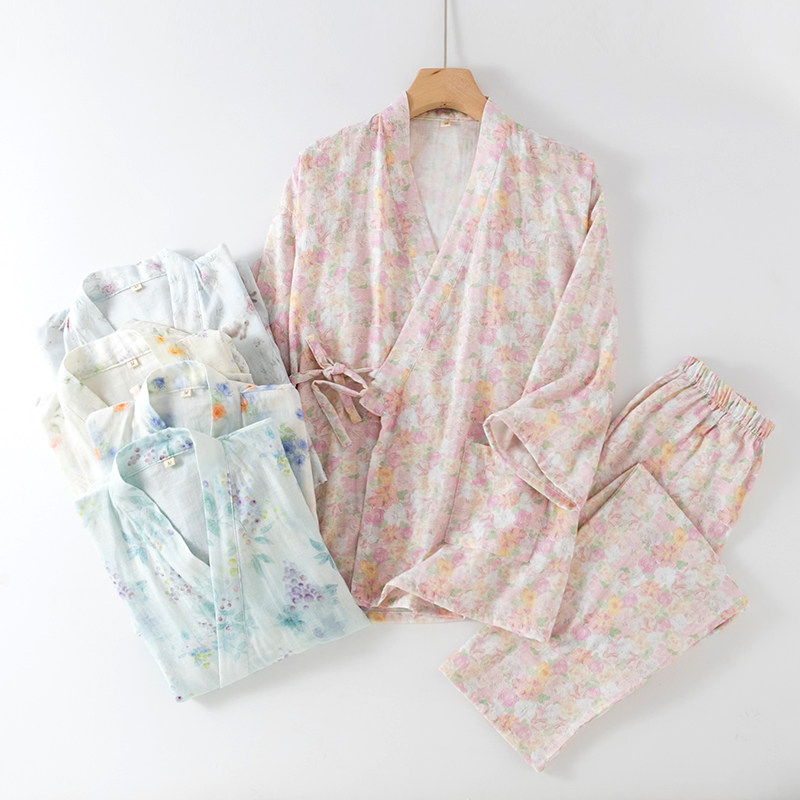 新款春秋纯棉碎花中式汉服双层纱布女士睡衣薄款睡袍和服家居服套