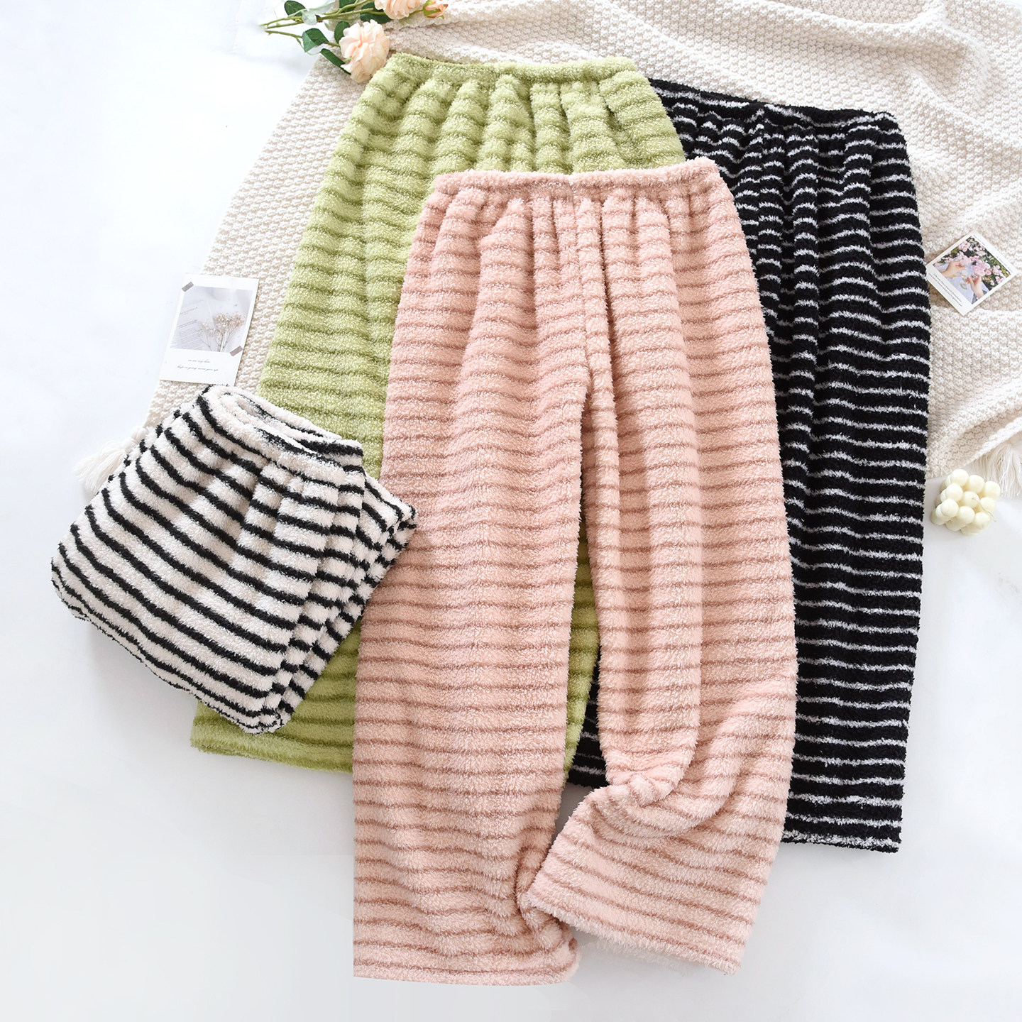 秋冬款特厚米粒绒睡裤女士条纹加厚款珊瑚绒家居裤大码宽松睡裤