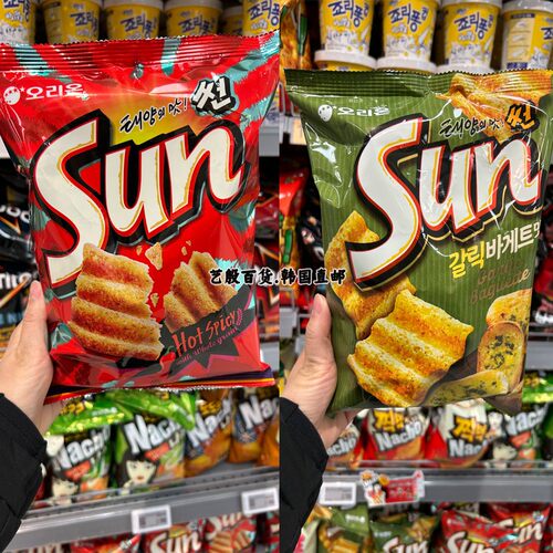 韩国直发好丽友SUN太阳玉米片零食辣味蒜香法棍味66g135g食品
