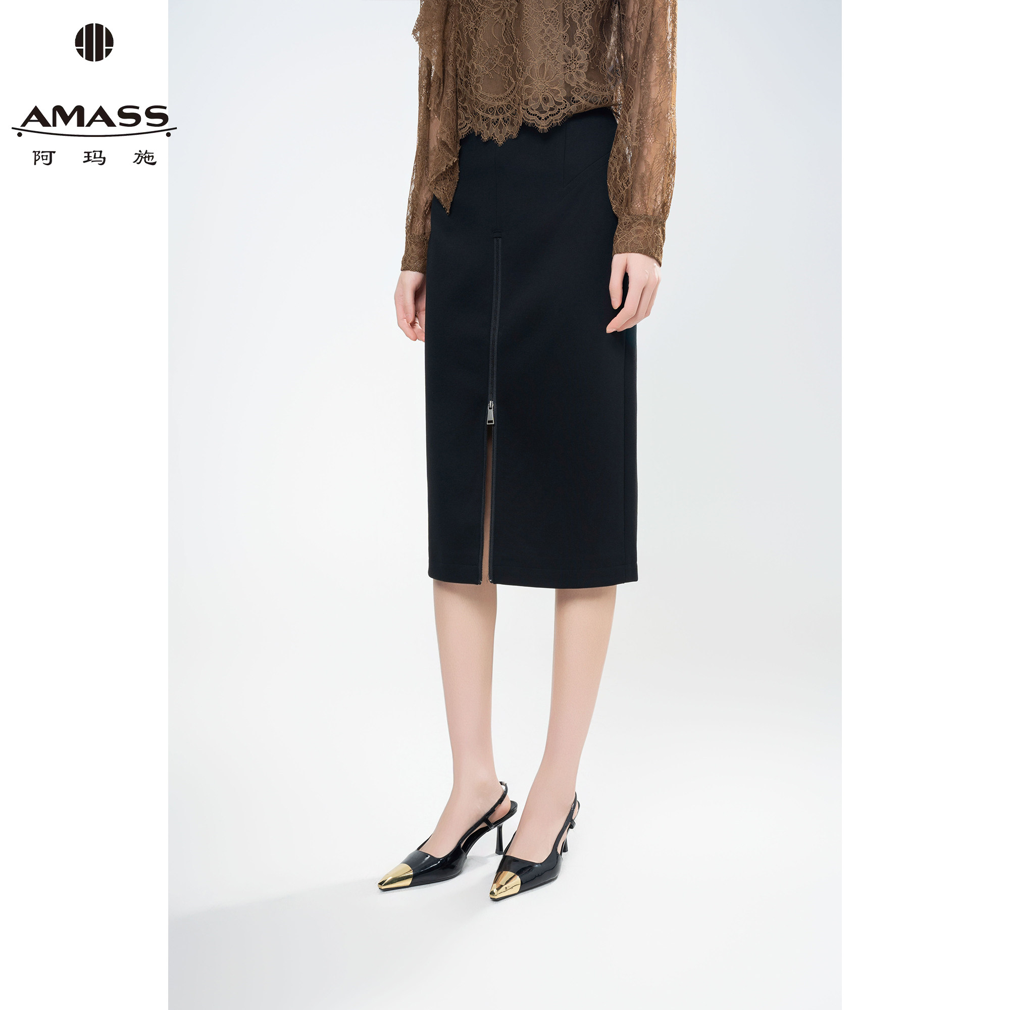 AMASS早秋新款气质轻职风开叉不规则时尚包臀半身裙 520016