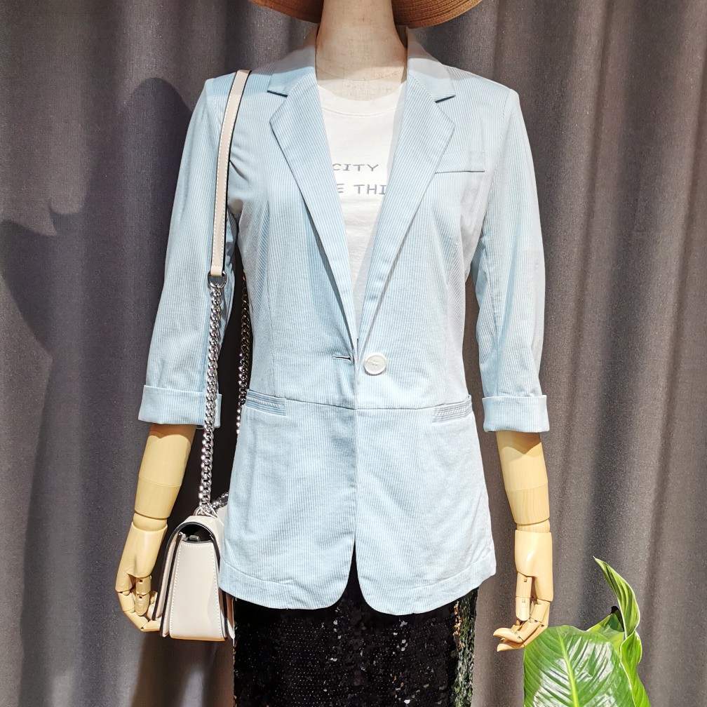 尤西西服外套女夏款新款薄款上衣竖条纹七分袖工装外套包邮
