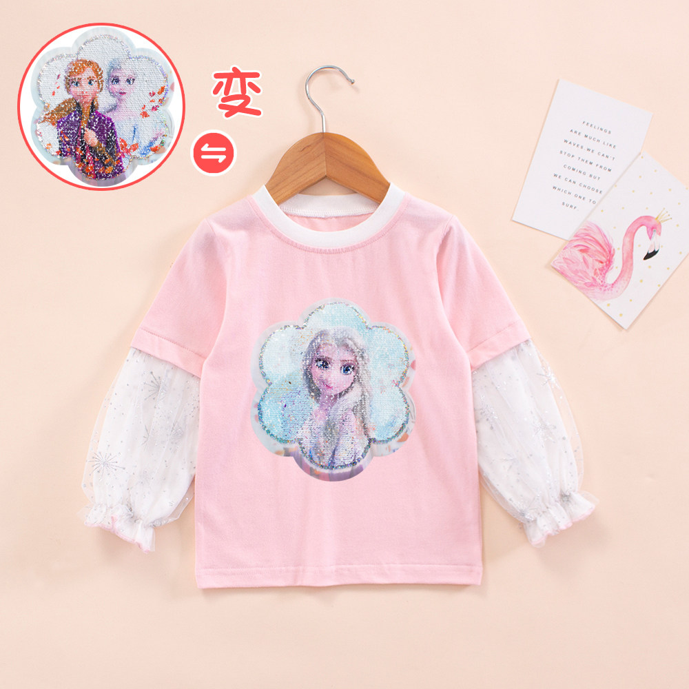 女童秋装纯棉长袖儿童安娜变色亮片上衣t恤女孩爱莎假两件衣服
