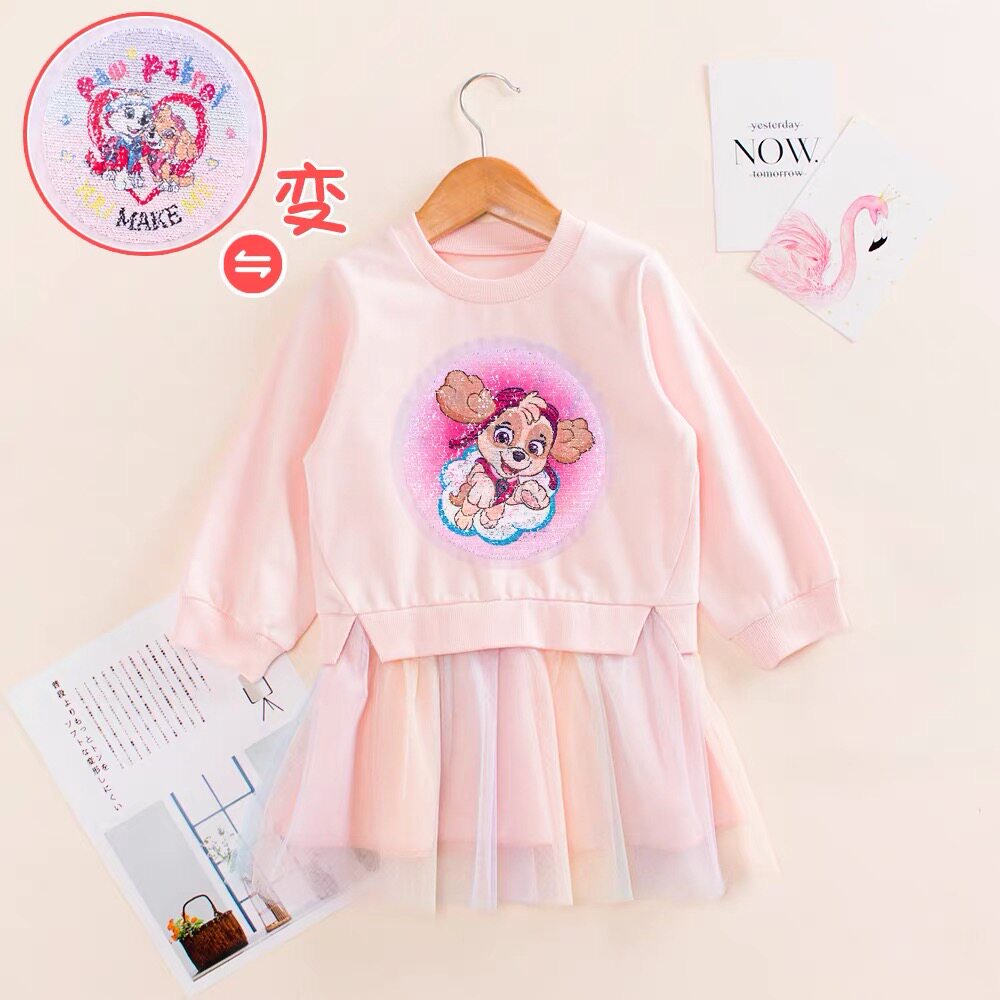 女童纯棉长袖网纱连衣裙汪汪队裙子女宝宝亮片变色衣服小狗衣服潮