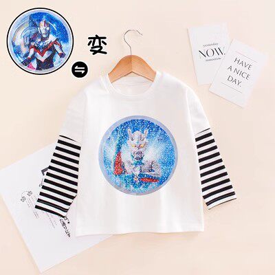 儿童春秋纯棉长袖男童亮片变色T恤小童宝宝赛罗奥特曼超人打底衫