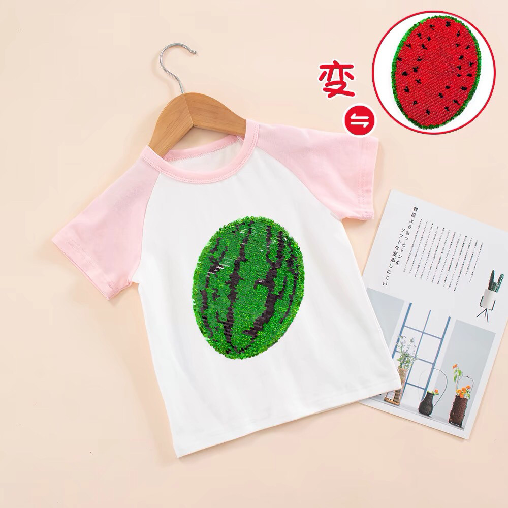 女童夏季纯棉短袖儿童西瓜亮片变色T恤男童夏季薄款纯棉半袖上衣