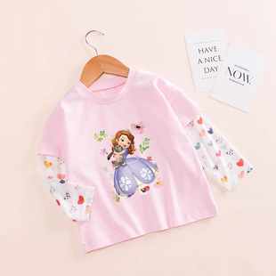 女童夏装薄款假两件T恤宝宝冰丝长袖防晒衣小童宝宝苏菲亚防蚊衣3