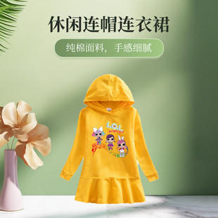 2023春秋新款儿童纯棉连帽卫衣连衣裙卡通小女孩音符休闲洋气裙子