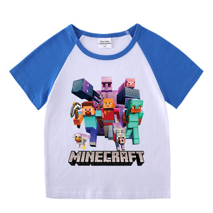 我的世界儿童夏季纯棉短袖T恤男女童拼色短袖休闲打底衫宝宝半袖T