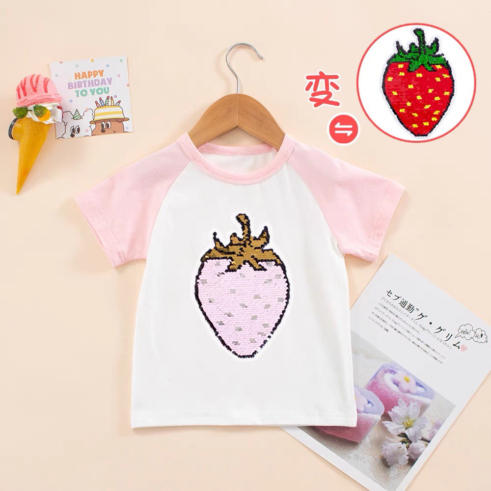 女童草莓亮片变色短袖T恤纯棉上衣夏季儿童半袖撞色女孩薄款夏装3