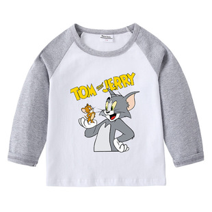 2023春秋猫和老鼠儿童纯棉插肩T恤圆领汤姆打底长袖上衣男女童宝5