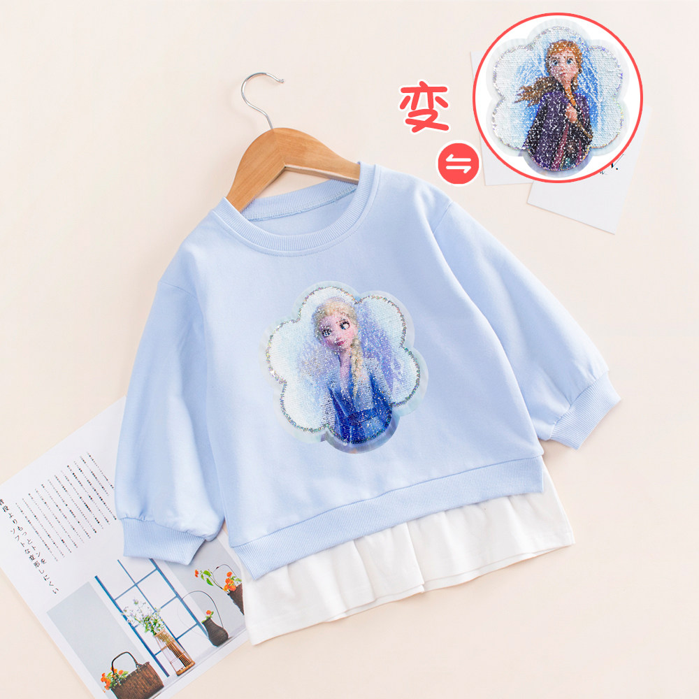 女童春秋纯棉长袖儿童亮片变色假两件卫衣女孩宝宝韩版爱莎衣服潮