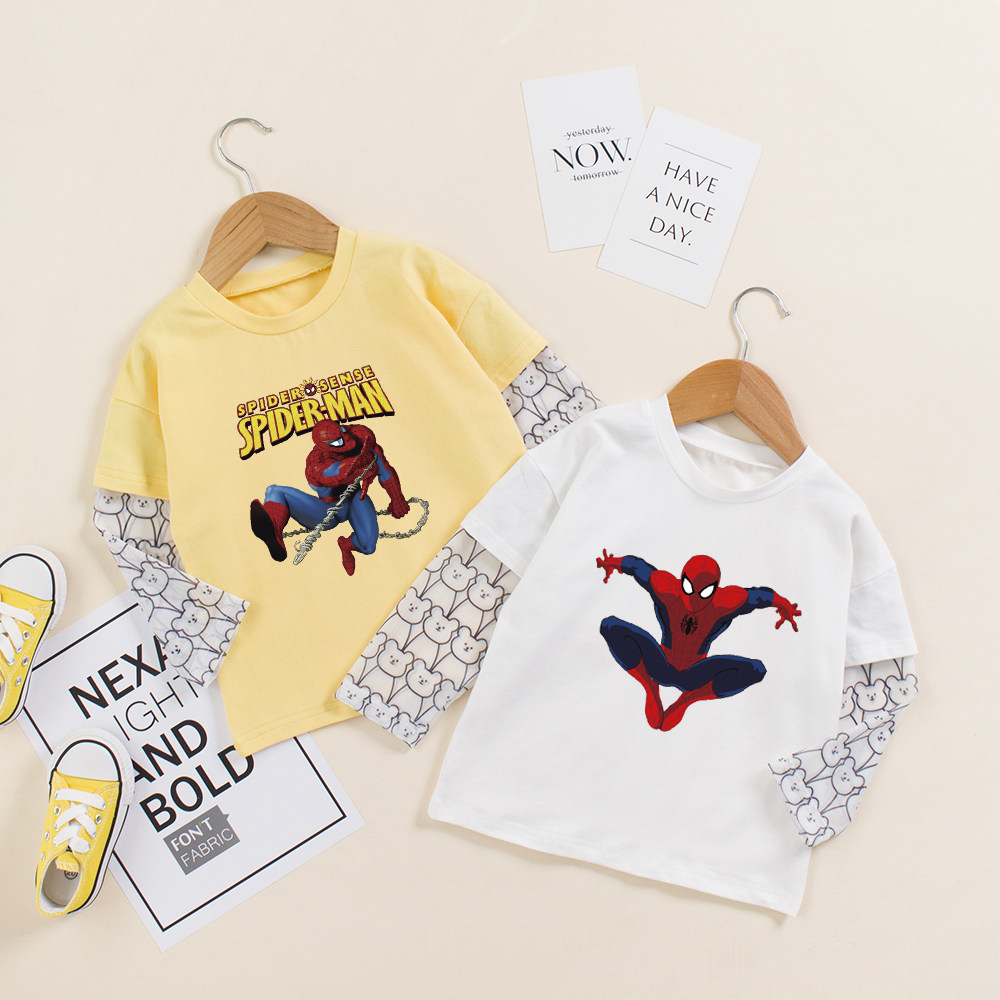 男童防蚊长袖夏季蜘蛛侠冰丝袖防晒衣儿童假两件网纱袖防蚊t恤衫