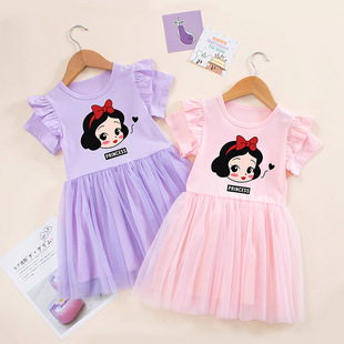 女童夏季白雪公主裙子女孩纯棉短袖连衣裙儿童可爱甜美粉色网纱裙