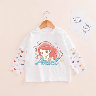 女童夏季纯棉长袖儿童假两件冰丝防晒衣3女孩宝宝美人鱼薄款t恤潮