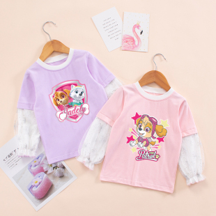 春秋女童2023韩版汪汪队网纱假两件T恤纯棉洋气3岁女宝打底衫薄款