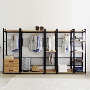 北欧铁艺实木挂衣架衣柜衣橱框架置物架落地卧室开放式金属衣帽间