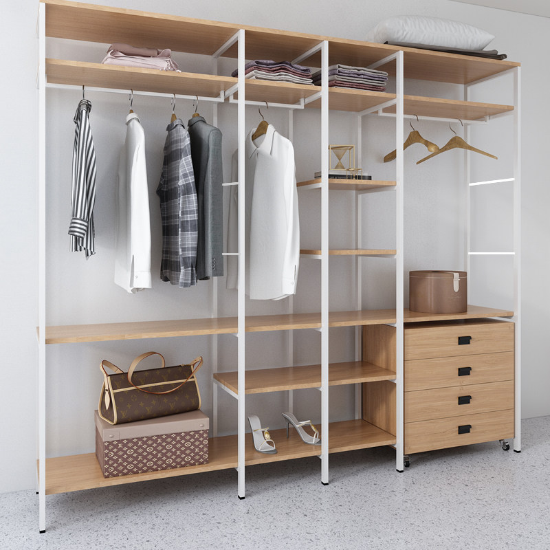 实木衣柜家用卧室衣橱简易衣柜无门步入式开放式挂衣架落地衣帽间