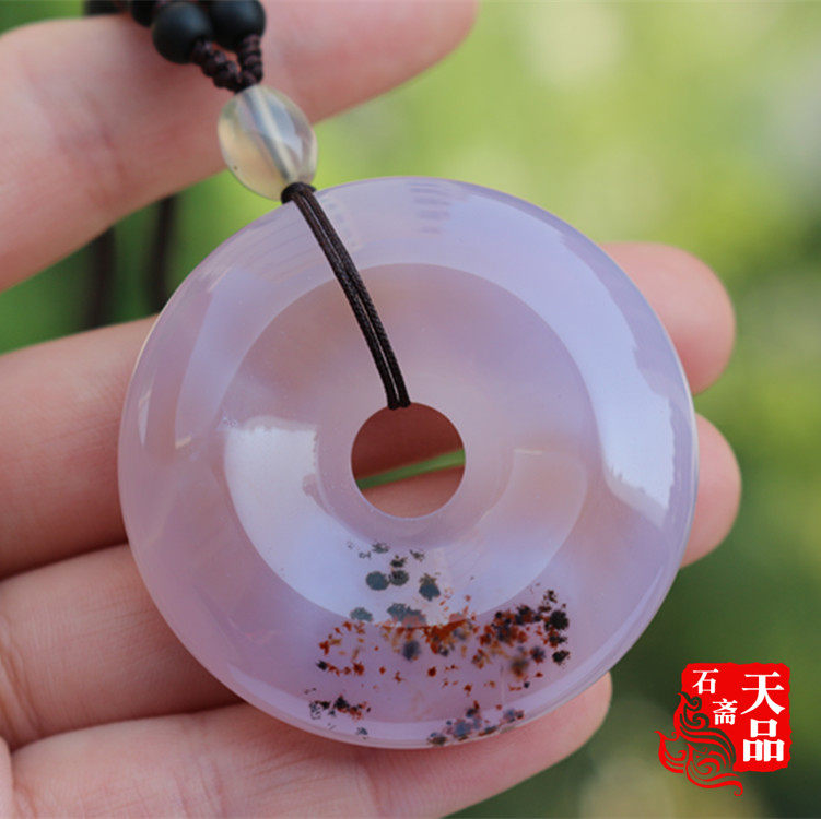 天然大款巴西原色俏色冰透朱砂紫罗兰玉髓玛瑙平安扣吊坠毛衣链
