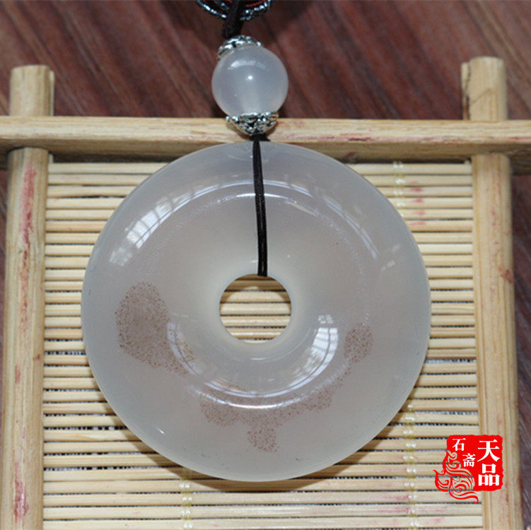 天然冰透大款无忧化无染白冰淡灰朱砂玉髓玛瑙平安扣吊坠毛衣链