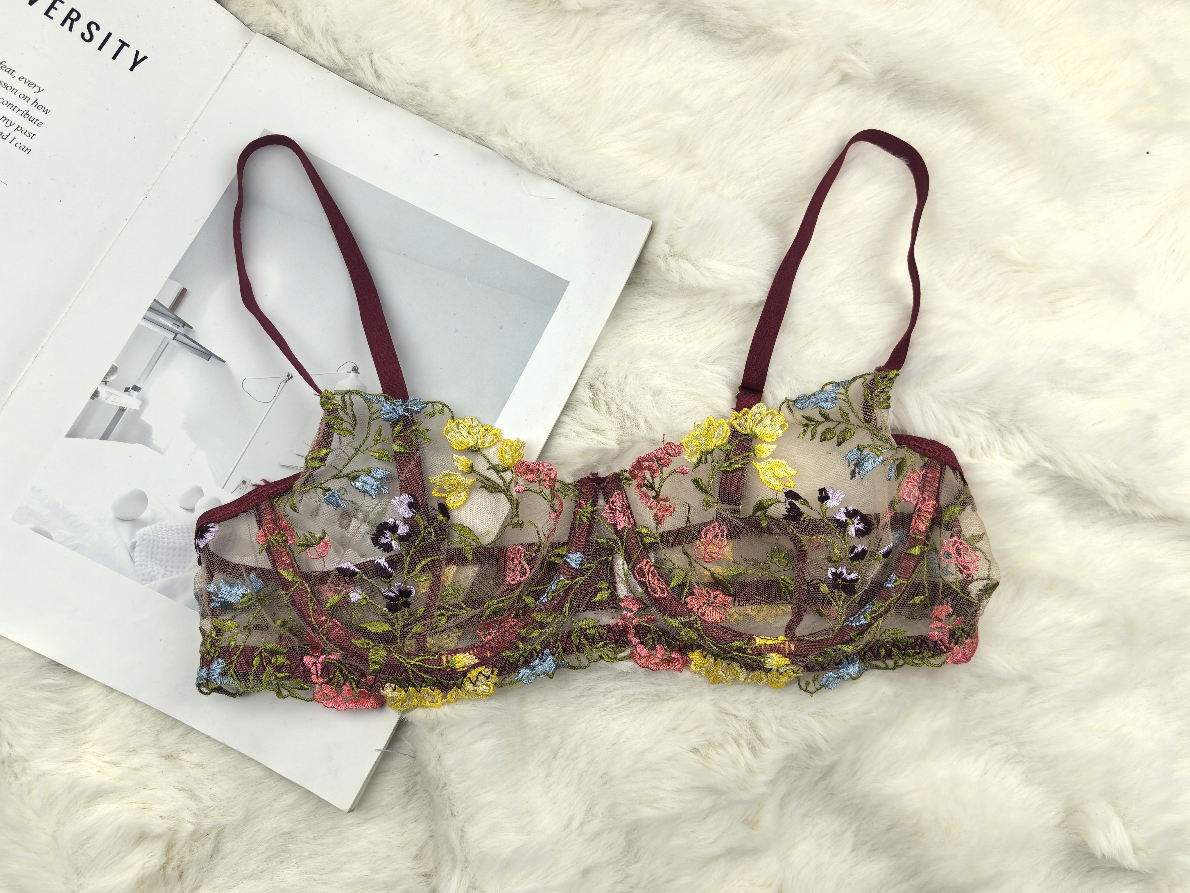 80B 刺绣透视文胸 欧美性感超薄杯法式内衣 单层显小有钢圈无胸垫