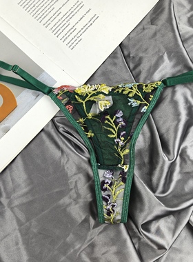 欧美外单刺绣透视性感丁字裤女 网纱超薄法式T裤橘色细带一字带