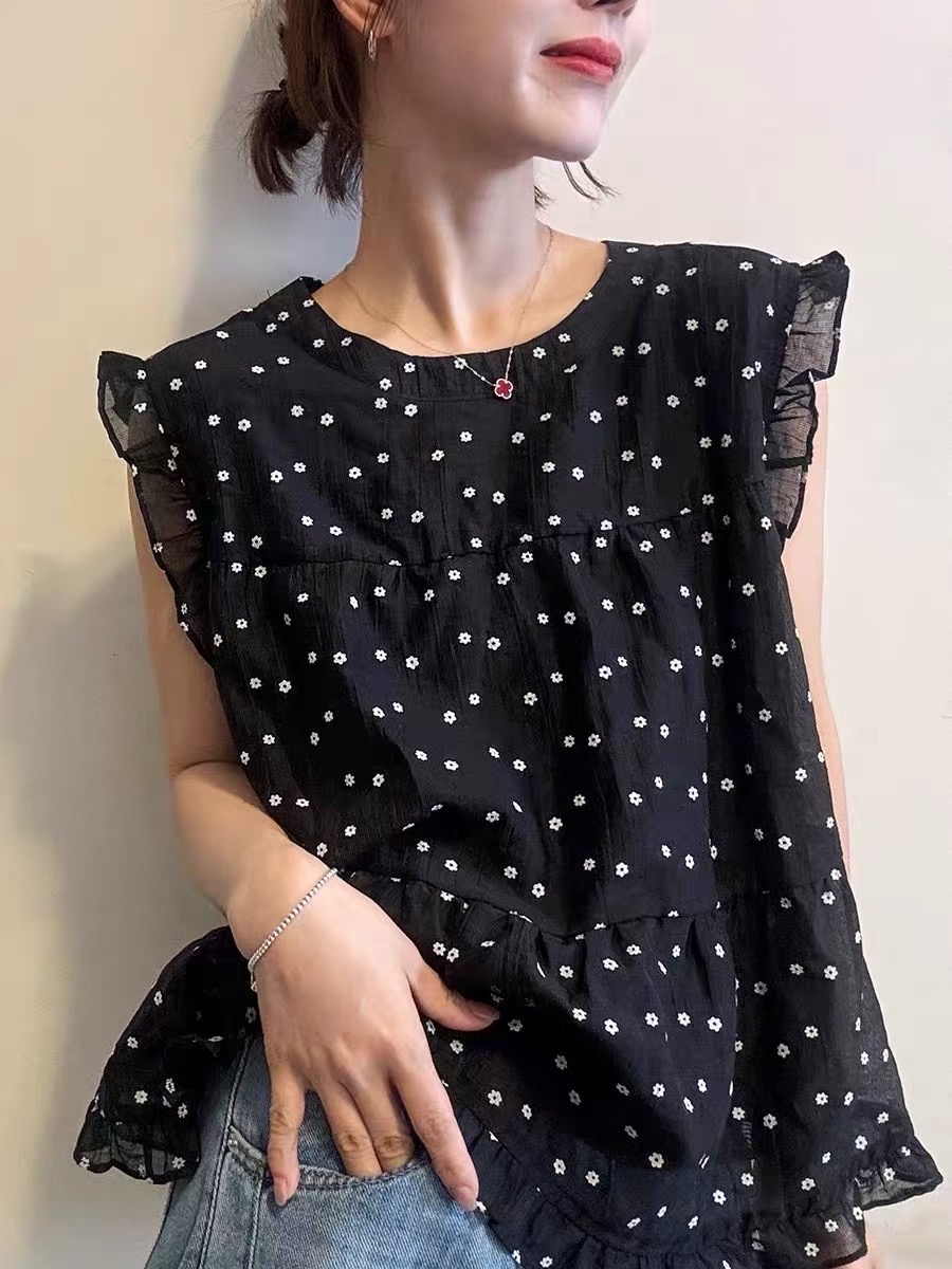 【高品质】甜美蕾丝小飞袖波点衬衫女夏减龄花边裙摆娃娃衫上衣