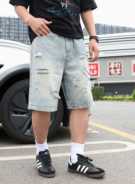 香港高端复古风水洗破洞牛仔短裤男士青年夏季宽松直筒五分裤潮牌