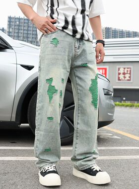 美式高街破洞牛仔裤男士香港高端宽松直筒中腰垂感百搭休闲长裤子