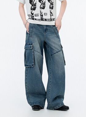 欧美风工装牛仔裤香港高端男士多口袋宽松直筒中腰休闲阔腿长裤子