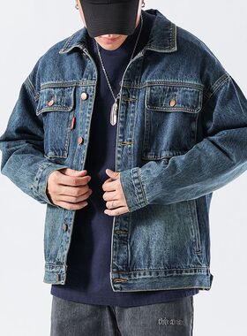 美式复古牛仔外套香港高端男士宽松工装风长袖多口袋翻领夹克潮牌