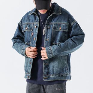 美式复古牛仔外套香港高端男士宽松工装风长袖多口袋翻领夹克潮牌