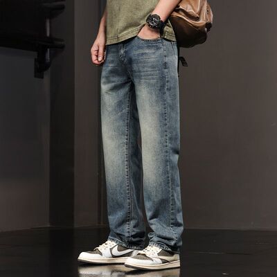 美式潮牌男士复古水洗阔腿牛仔裤