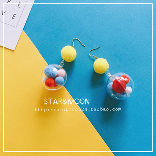 原创设计手作新品童趣透明彩色毛绒球耳环耳夹网红耳坠气质