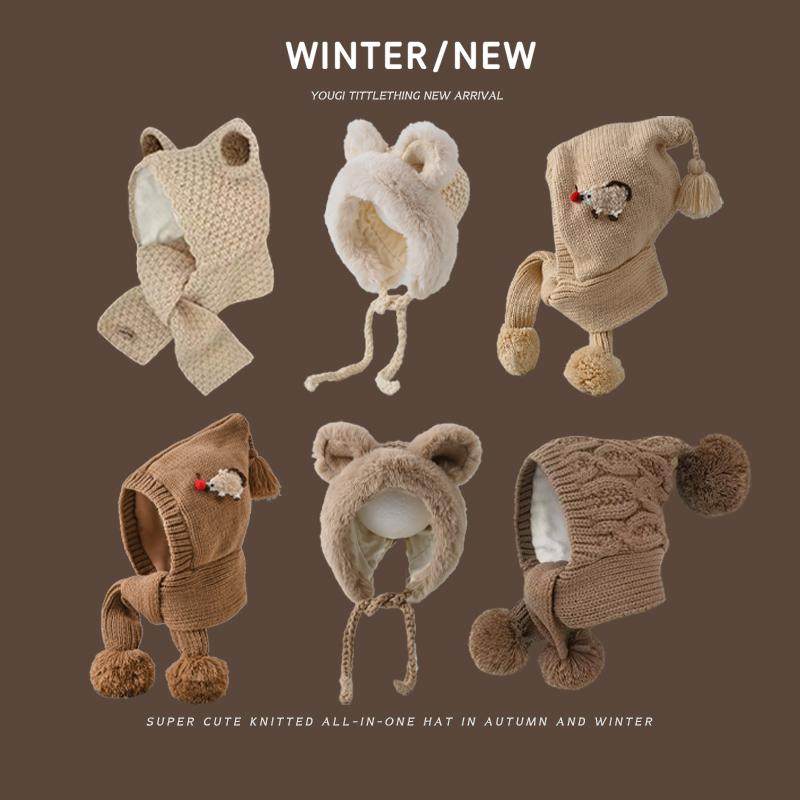 韩版小熊儿童帽子加厚保暖宝宝针织帽秋冬可爱卡通女童护耳套头帽