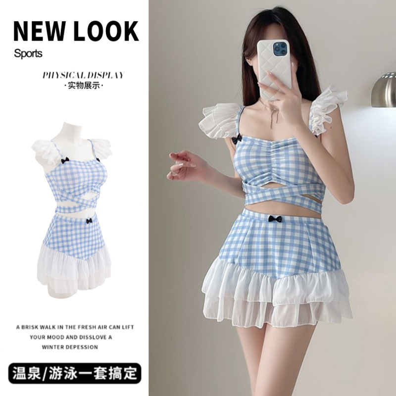 韩国ins夏季荷叶边纯欲格子显瘦小胸聚拢裙式分体泳衣温泉泳装女