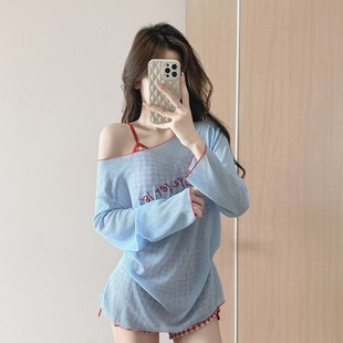 韩国ins甜美少女聚拢显瘦防晒长袖 女 纯欲格子比基尼泳衣温泉泳装